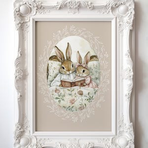 Mutter-Hase-Kaninchen, die Baby-Wand-Kunst, Weichheit-Aquarell-Kunstdruck, Cottagecore-Dekor DRUCKBAR, Mutter-Baby-Druck, Häschen-Wandkunst vorliest