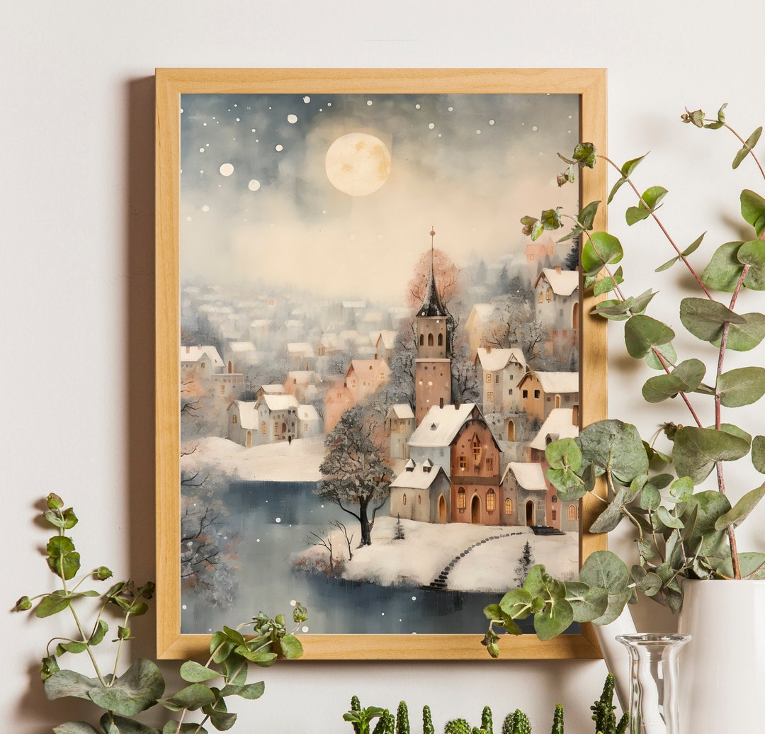Snowy Christmas Wall Art Town Christmas Village Art Print Cozy Winter ...