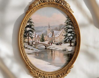 Christmas Village River Print | Old World European Winter Bridge Painting | Cottagecore Holiday Gallery Wall Art | Digital Download