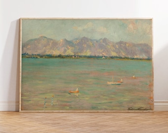 Dipinto d'epoca sul lago / Arte del paesaggio costiero (download digitale)