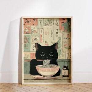 Cute ramen bowl painting for dining room — sweet black cat illustration evokes a cozy vibe, blending vintage and modern styles.