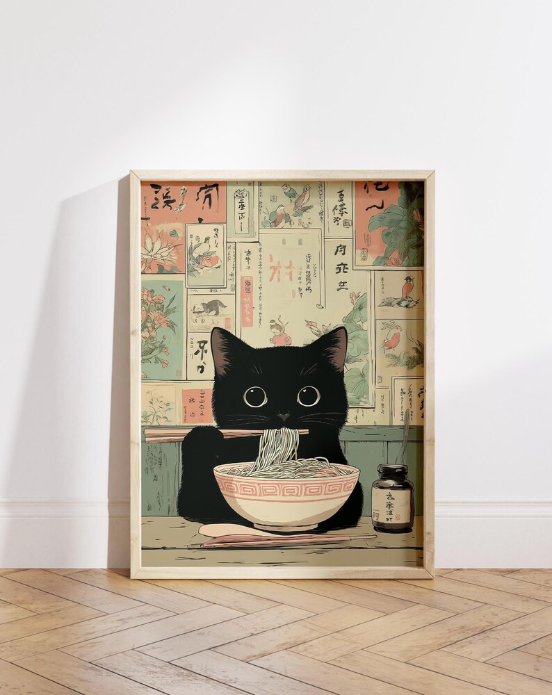Cute ramen bowl painting for dining room — sweet black cat illustration evokes a cozy vibe, blending vintage and modern styles.