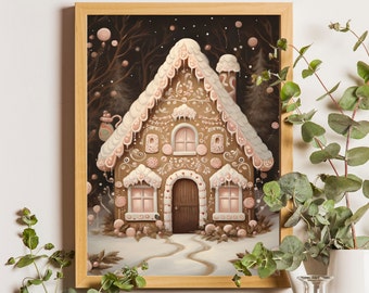 Vintage Gingerbread House Christmas Art Print: Winter Holiday Decor (Digital Art)