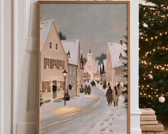 Romantic Christmas Village Print | Snowy Twilight European Street Painting | Cottagecore Holiday Gallery Wall Art | Digital Download