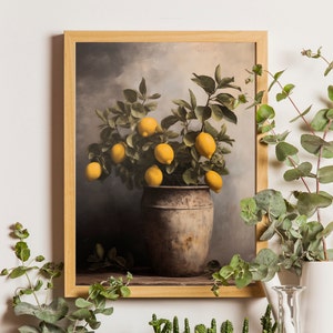 Limonero en pintura de jarrón antiguo, estampado de limón vintage, arte botánico vintage, IMPRIMIBLE, impresión de cocina de granja, impresión de bodegones de limón