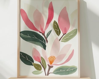 Magnolie Aquarell Kunstdruck: Rosa floral botanische Illustration (digitaler Download)