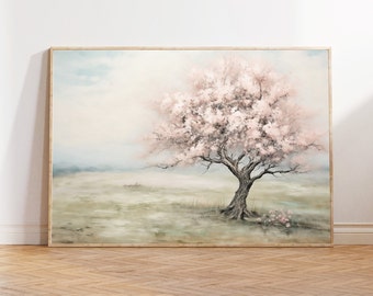 Spring Cherry Blossom Tree Wall Art, Spring Decor, Spring Print, Farmhouse Decor, Easter Decor, Wildflower Landscape Painting, Pink Wall Art