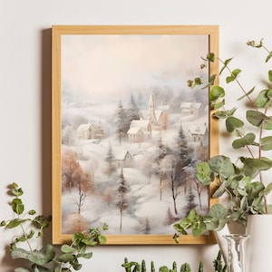 Vintage Winter Village Painting, Winter Scenes, Printable Winter Landscape, Winter Wall Art Print, Country Winter Print, Cottagecore Prints