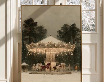 Vintage Winter Carousel Print | Nostalgic Snowy Fairytale Painting | Whimsical Holiday Wall Art | Digital Download