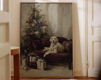 May include: A framed painting depicts a golden retriever resting on a burgundy sofa. A decorated Christmas tree stands behind the dog, with wrapped gifts in front. The artwork has a warm, inviting color palette.