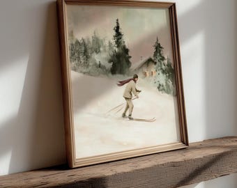 Vintage Skier Print | Solitary Alpine Winter Landscape Painting | Ski Chalet Wall Art | Digital Download