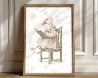 Adorable Baby Goose Reading – Vintage Nursery Wall Art, Cottagecore Reading Nook Decor, Soft Pink Illustration, Printable Kids Room Art