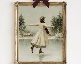 Victorian Ice Skater Print | Elegant Vintage Winter Portrait Painting | Timeless Holiday Wall Art | Digital Download