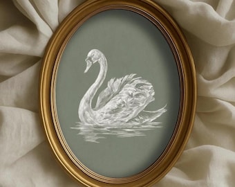 Vintage White Swan Print, Neutral Moody Bird Printable Wall Art, Sage Green Farmhouse Decor, Cottagecore Bathroom Art, Digital Download