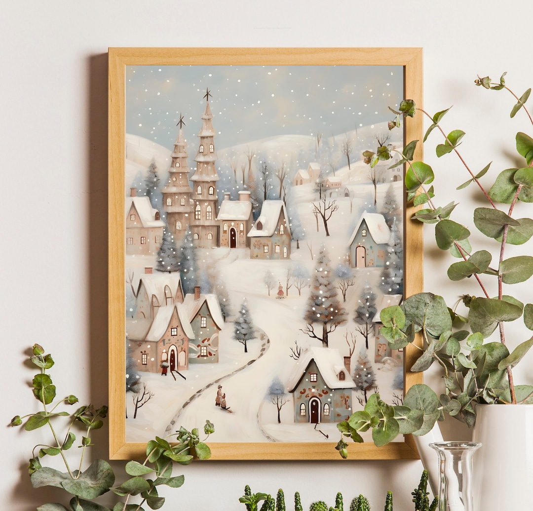 Vintage Christmas Wall Art, Christmas Village Landscape Painting, Winter Village Art, Seasonal