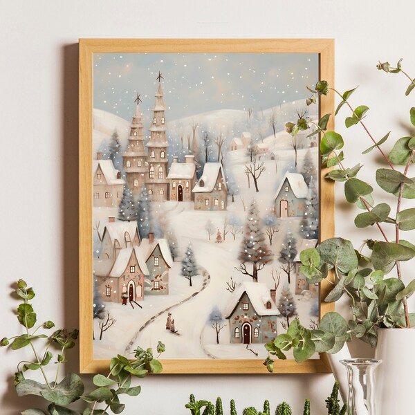 Vintage Christmas Village Painting, Snowy Winter Landscape (Digital Download)