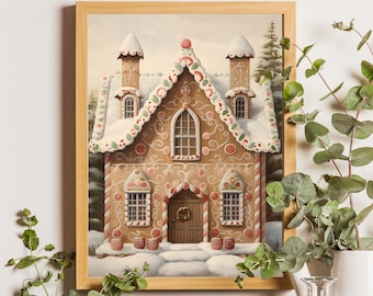 Vintage Christmas Gingerbread House Art Print, Holiday Wall Decor (Digital Download)
