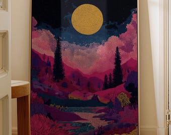 Magical Moonlit Landscape - Dreamy Digital Wall Art, Surreal Mountain & Forest Scene, Printable Vibrant Night Sky Decor, Download