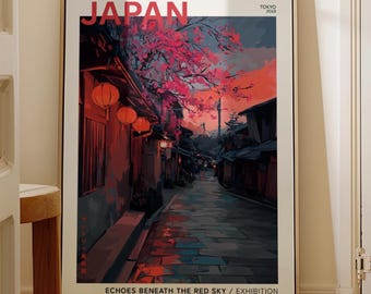 Tokyo Japanese Exhibition Poster - Printable Japan Street Art, Japanese Lantern Street Art Print, Cherry Blossom Alley Wall Art