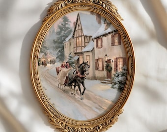 Horse Drawn Sleigh Christmas Print | Old World Village Winter Painting | Cottagecore Holiday Gallery Wall Art | Digital Download