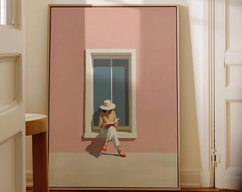 May include: A framed painting depicts a person sitting in a window, reading a book. The person wears a hat, yellow shirt, white pants, and red shoes. The background is a pink wall with a white window frame. The painting has a gold frame.