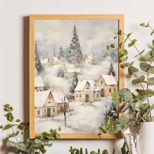 Vintage Winter Village Painting, Moody Winter Art, Printable Winter Landscape, Snowy Winter Art Print, Country Winter Print, Holiday Decor