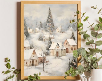 Vintage verschneite Winterdorf Gemälde, Urlaub Dekor (digitaler Download)