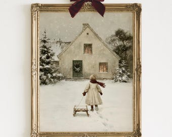 Vintage Winter Child Print | Nostalgic Girl Pulling Sled Farmhouse Christmas Art | Cottagecore Snow Scene Wall Art | Digital Download
