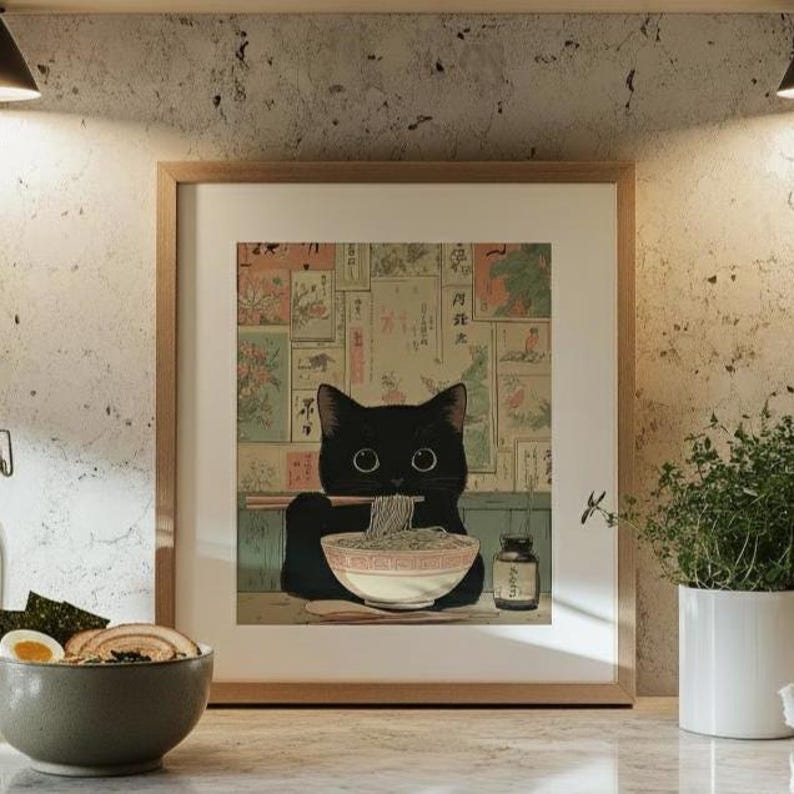Black cat ramen wall art illustration showing a cute cat eating noodles with chopsticks, Japanese style vintage printable decor for apartment and kitchen walls.