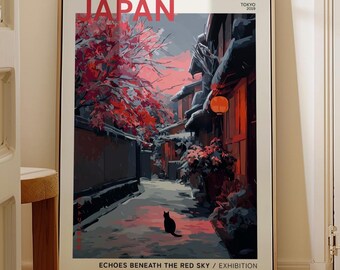 Moody Black Cat in Snowy Japanese Exhibition Poster - Vintage Poster Printable, Cozy Winter Scene, Red Maple Leaves, Cinematic Digital Art