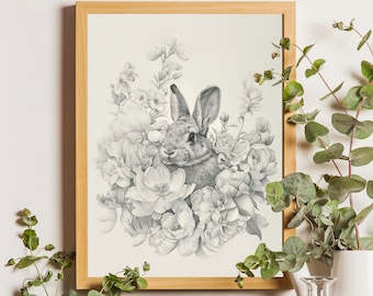 Vintage Bunny Drawing: Spring Wildflower Wall Art (Digital Download)