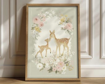 Deer Nursery Wall Art, Mother Deer and Fawn Print, Sage Green Girl's Room Decor, Woodland Nursery Decor, Floral Baby Animal Printable Art