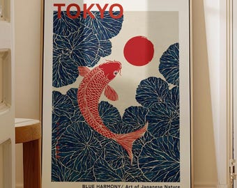 Japanese Koi Fish and Lotus Pond Printable - Japanese Exhibition Poster, Bold Japanese Art, Blue Bathroom Wall Decor Instant Download