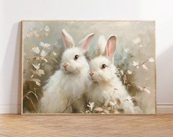 Paashaasprint: schilderij humeurig konijn en wilde bloemen (digitale download)