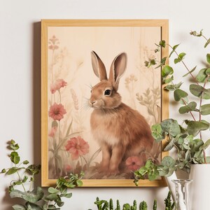 Spring Bunny Rabbit in Wildflowers PRINTABLE, Light Spring Decor, Vintage Farmhouse Print, Vintage Rabbit Painting, Cottage Easter Decor