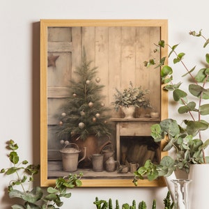 Vintage Navidad pared arte árbol de Navidad imprimible Navidad pintura al óleo sala de estar pared arte Cottagecore decoración Navidad decoración invierno