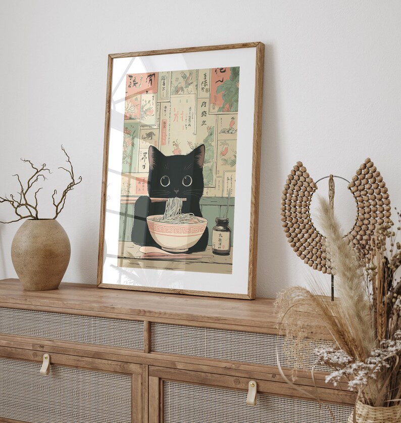Adorable cat digital download for hall — charming artwork featuring a cat with chopsticks, perfect for a touch of Japanese culture.