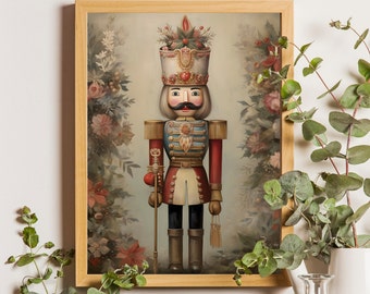 Vintage Christmas Wall Print Nutcracker Toy Printable Christmas Painting Cottagecore Wall Art Christmas Decor Winter Art Seasonal Decor