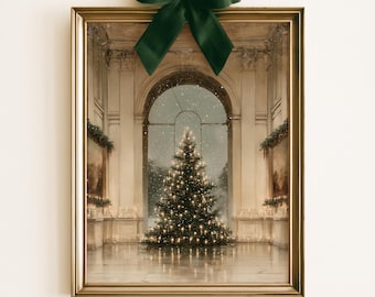 Elegant Christmas Tree Print | Grand Arched Hall Holiday Painting | Quiet Luxury Gallery Wall Art | Digital Download