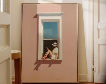 Minimalist Reading Woman in Window Print - Cozy Summer Wall Art, Soft Pastel Decor, Book Lover Gift, Book Nook Decor, Printable Wall Art