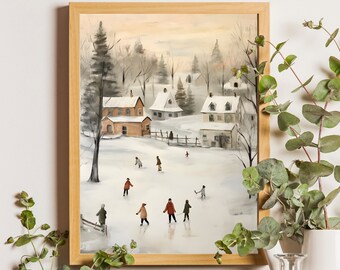 Weihnachtsdorf Druck, Vintage Schlittschuhlandschaft (Digitaler Download)