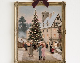 European Christmas Village Print | Old World Christmas Market Oil Painting Wall Art | Grandmillennial Gallery Wall Art | Digital Download