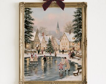 Christmas Village Ice Skating Print | Nostalgic European Winter Painting | Cottagecore Holiday Gallery Wall Art | Digital Download