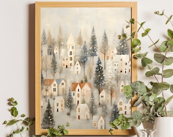 Rustic Snowy Winter Forest Print, Vintage Winter Village Painting, Minimalist Christmas Wall Art, Neutral Holiday Decor, Snowy Village Art