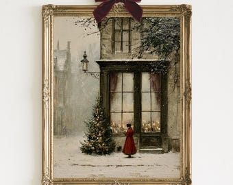Vintage Christmas Bookshop Print | Snowy European Book Store Painting | Cozy Reading Nook Wall Art | Digital Download