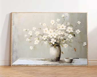 Vintage White Flowers Still Life Painting, Farmhouse Style (Printable Art)