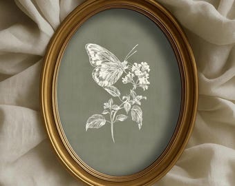 Vintage Butterfly Sketch Print, Sage Green Botanical Insect Drawing Printable Wall Art, Rustic Minimalist Decor, Digital Download,