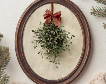 Christmas Mistletoe Print | Burgundy Bow Botanical Winter Painting | Minimalist Holiday Wall Art | Digital Download