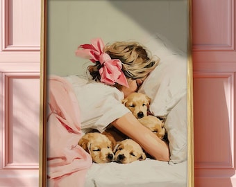 Woman with Golden Retrievers in Bed - Golden Retriever Art, Pink Bow Girly Wall Art, Bedroom Wall Art, Trendy Wall Art, Digital Download 151