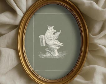 Arte divertido de pared para baño con un cerdo en el inodoro: Arte de pared para inodoro, Cerdo leyendo el periódico, Decoración de pared para baño, Decoración cottagecore